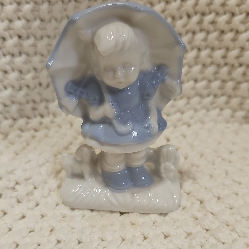 Enesco Ceramic Child with Umbrella in Blue and Cream
